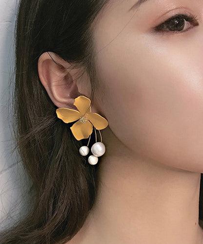 Yellow Metal Pearl Tassel Drop Earrings