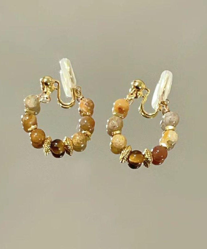 Retro Brown Copper Overgild Tiger's-eye Broken Hoop Earrings