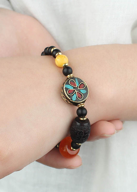 Black Coloured Glaze Pearl Beeswax Sandalwood Clover Charm Bracelet