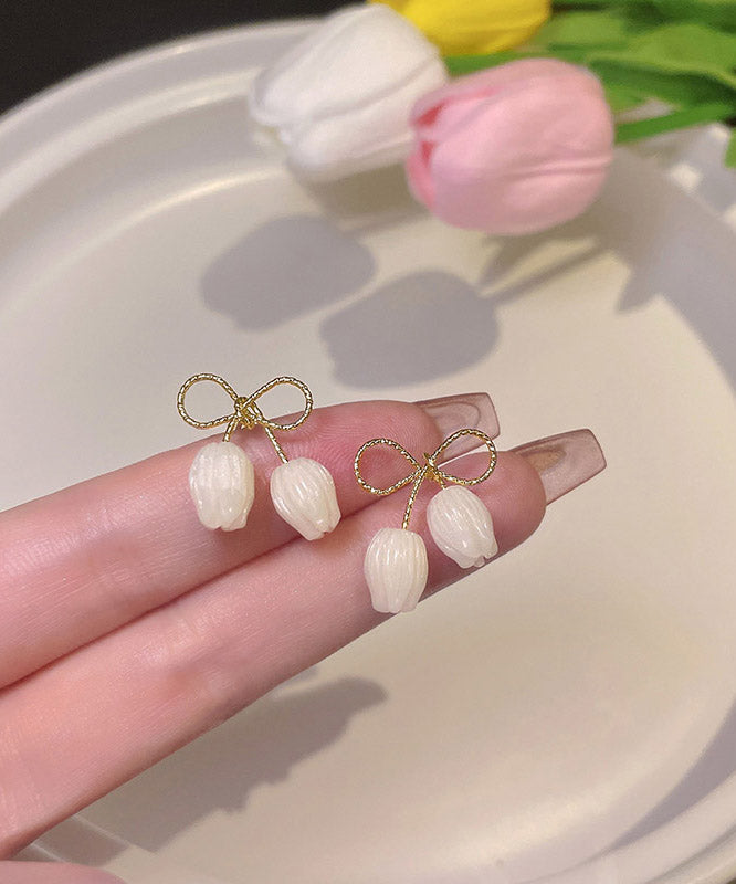Diy White Alloy Resin Bow Hoop Earrings