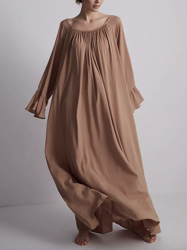 A-line Flared Sleeves Pleated Color Split-joint Round-neck Maxi Dresses