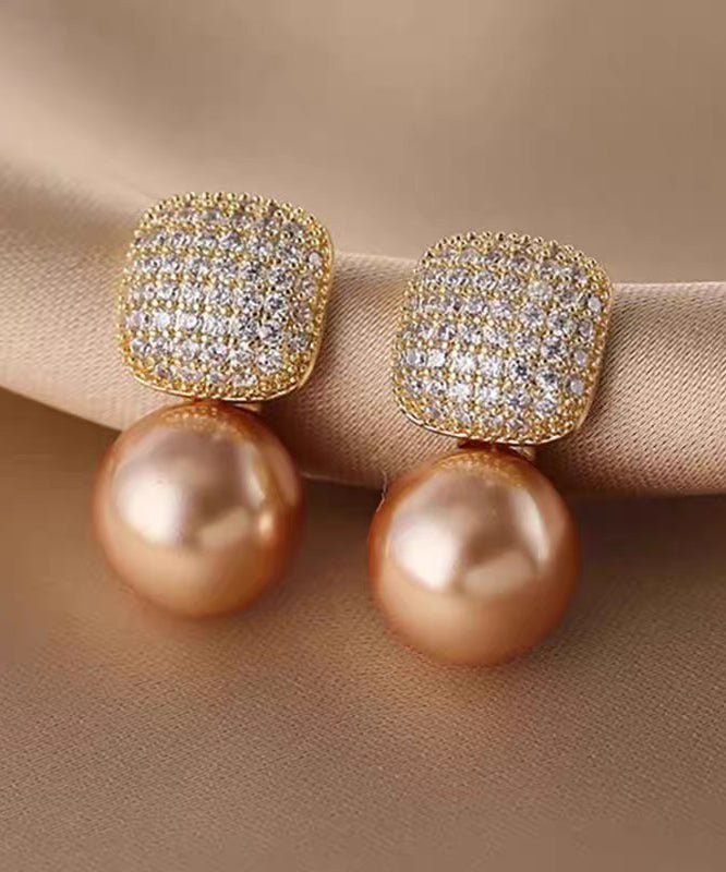 Champagne Copper Overgild Zircon Pearl Stud Earrings
