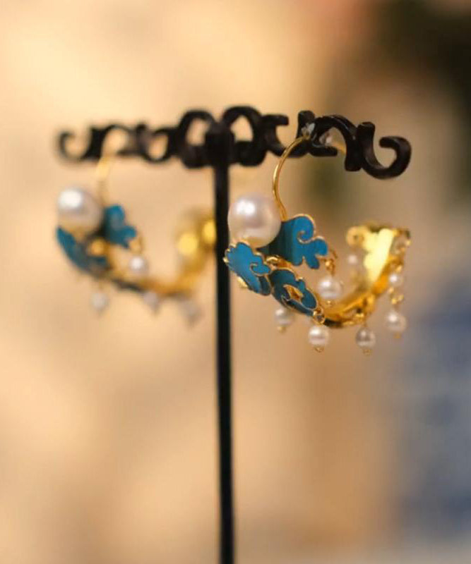 Blue Sterling Silver Cloisonne Enamel Pearl Tassel Hoop Earrings