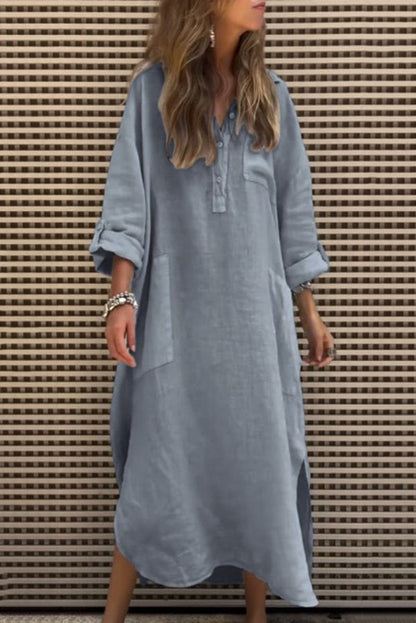 Color Button Pockets Irregular Hem Maxi Dress