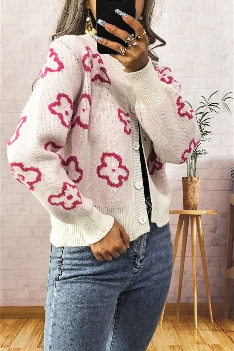 Jacquard Short Single-row Button Knit Cardigan
