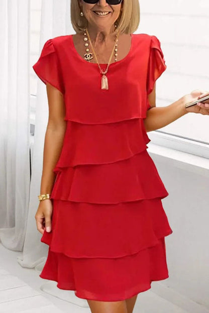 Color Round Neck Short Sleeve Multi-layered Mini Dress