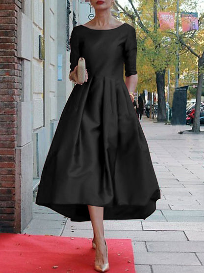 A-line Loose Pleated Pockets Color Split-joint Round-neck Midi Dresses