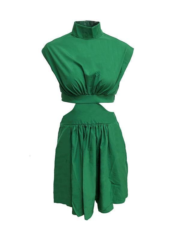 Skinny Belly-hollow Pleated Color Stand Collar Mini Dresses