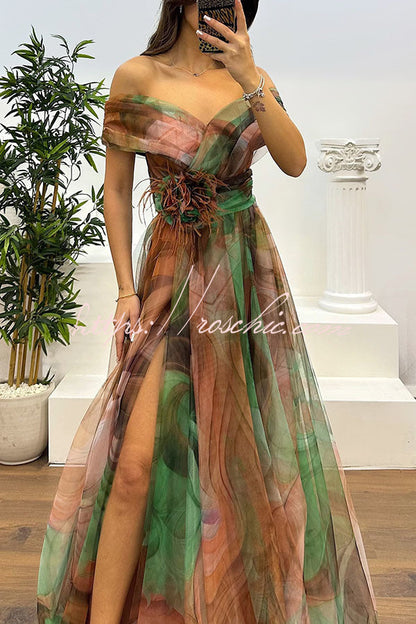 Jinnie Tulle Feather Pendant Pleated Off Shoulder Slit Maxi Dress