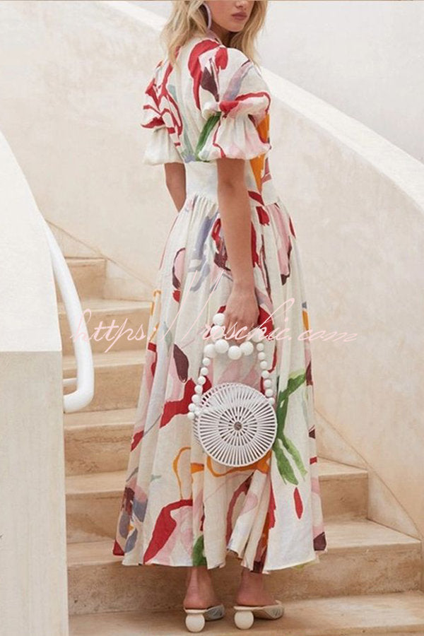 Lover's Gaze Watercolor Printed Puff Sleeve Button Maxi Dress