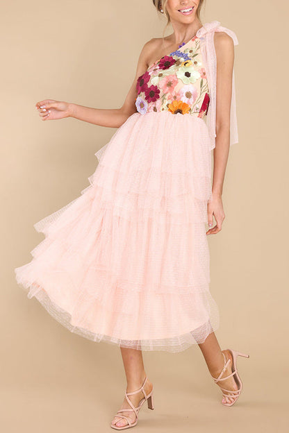 Midnight Garden Embroidered Applique One Shoulder Tiered Tulle Midi Dress