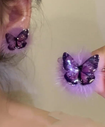 Purple Sterling Silver Overgild Fuzzy Fur Fluffy Butterfly Stud Earrings