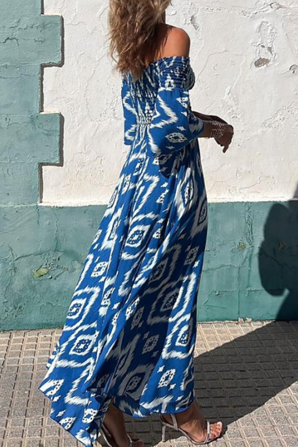 Close to the Vacation Print Smocked Off Shoulder Pocketed Maxi Dress