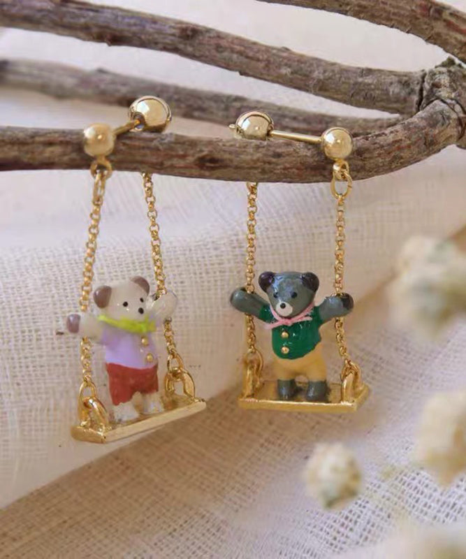 Gold Sterling Silver Overgild Asymmetric Teddy Bear Swinging on a Swing Drop Earrings