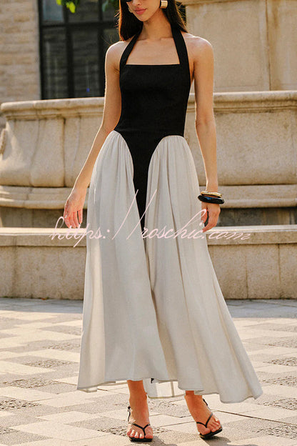 Contrast Color Stitching Sleeveless Backless Slim Maxi Dress