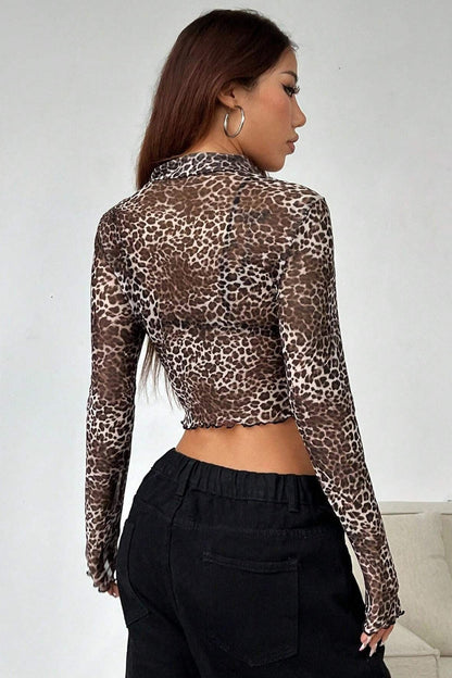 Y2k Leopard Print Mesh Ruffle Blouse
