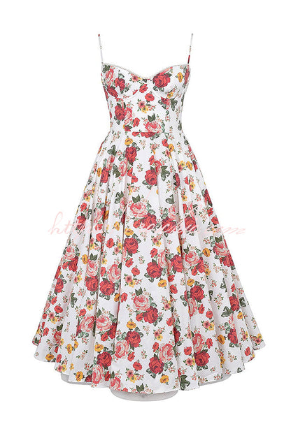 Fairy Tale Italian Rose Print Tulle Pocketed Slip Midi Dress