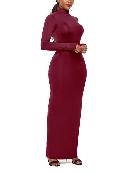 Bodycon Long Sleeves Color High Neck Maxi Dresses