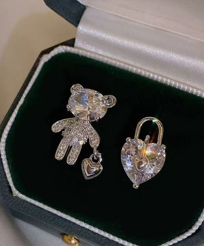 Copper Zircon Asymmetrical Little Bear Love Lock Stud Earrings