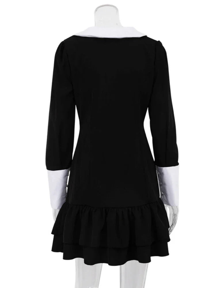 High Waist ’s Evening Dress Retro Splice Long Sleeve Turn Collar Folds Mini Dress Woman Party Wedding Dresses