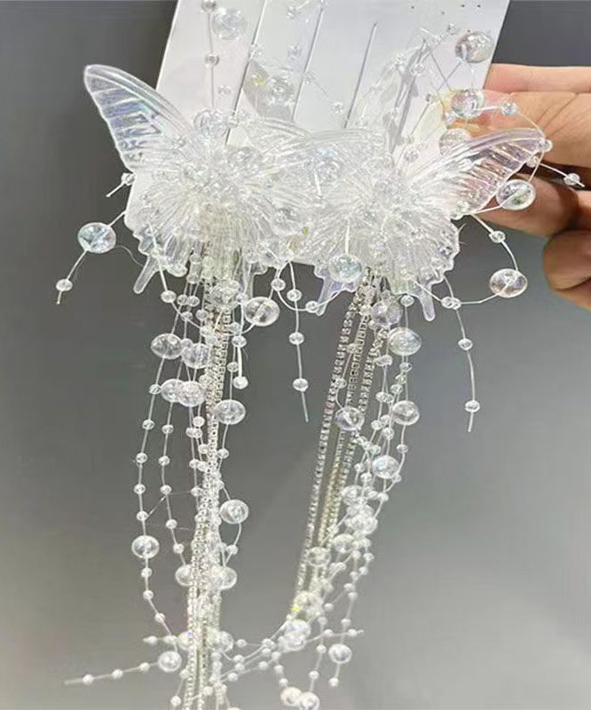 New White Acrylic Alloy Crystal Butterfly Tassel a Pair Hairpin