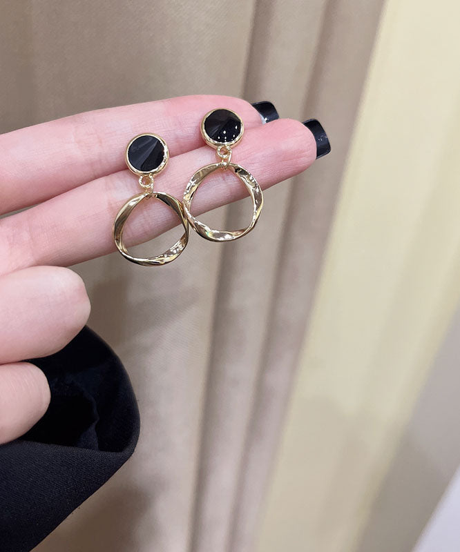 Black Sterling Silver Alloy Hollow Out Oil Drip Circle Drop Earrings