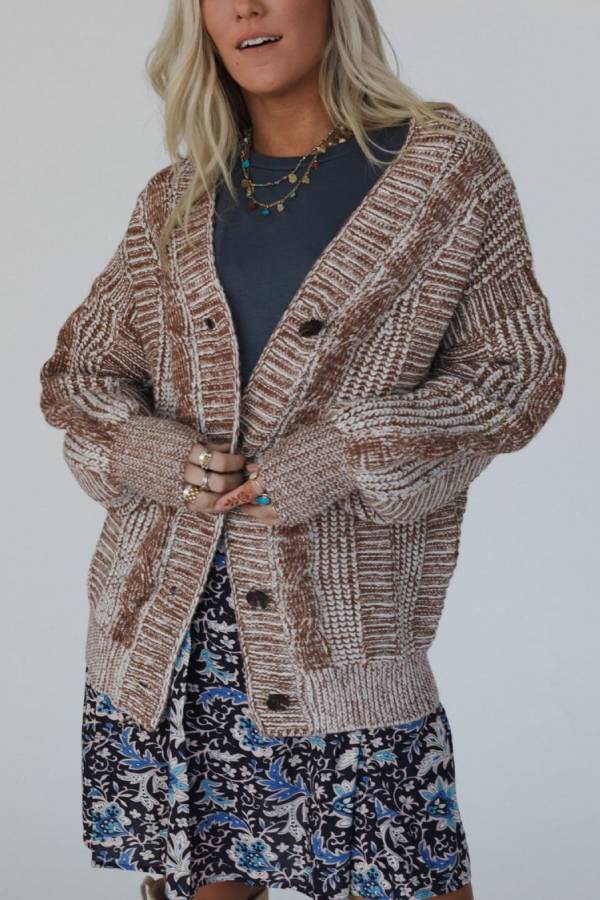 V-neck Long-sleeved Striped Button-down Knitted Cardigan