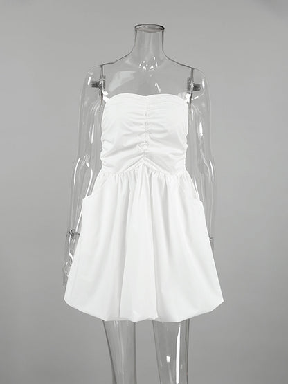 A-line High Waisted Elasticity Pleated Pockets Color Tube Mini Dresses