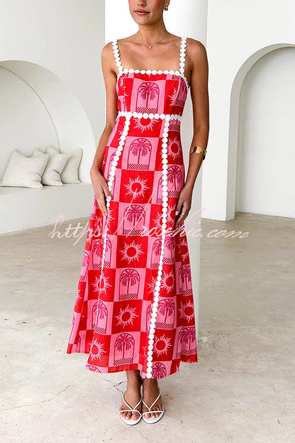 Holiday Style Unique Print Sling Open Back Lace Up Maxi Dress