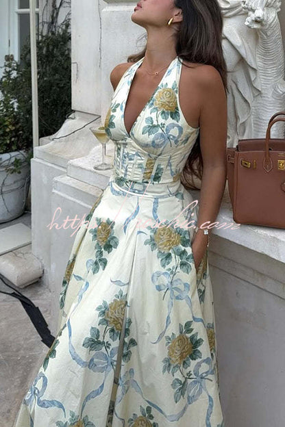 Resort Star Print Waist Halterneck Tie Pocket Midi Dress