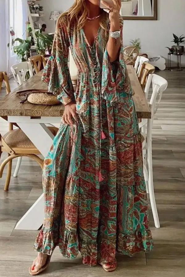 V-neck Loose Peris Print Vacation Long Sleeve Maxi Dress