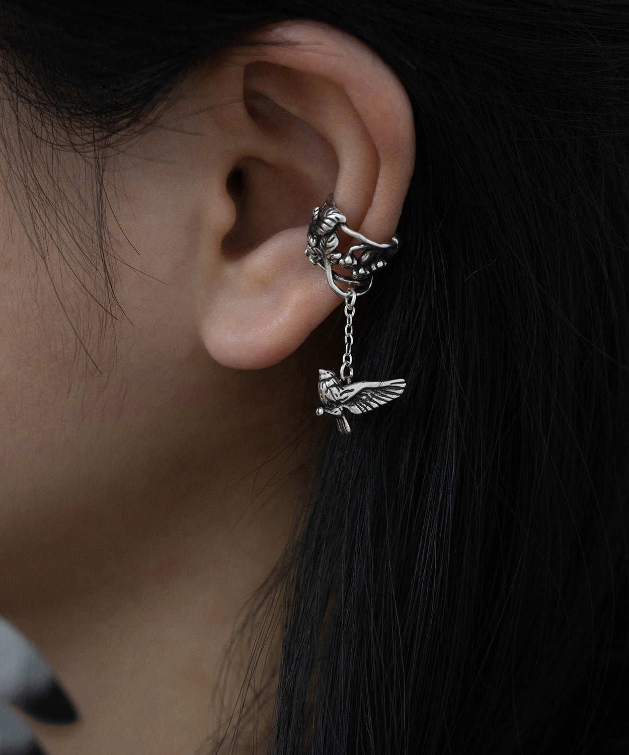 Silk Sterling Silver Leaf Flying Bird Tassel Drop Earrings