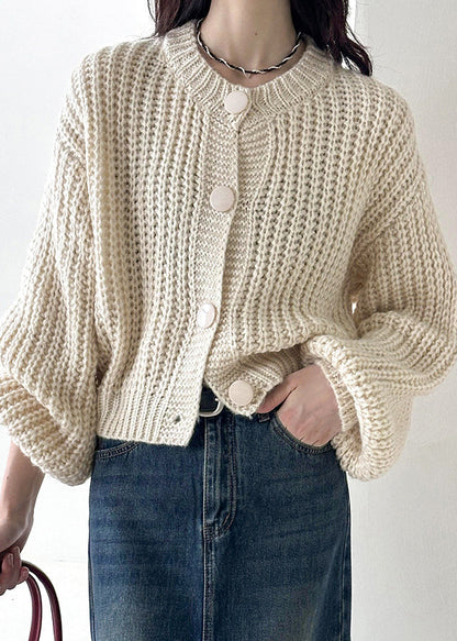 Beige Button Cotton Knit Cardigan O Neck Long Sleeve Af1035