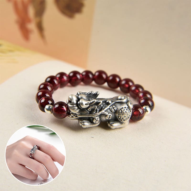 Buddha Stones 925 Sterling Silver Natural Garnet Moonstone Red Agate Pixiu Wealth Ring