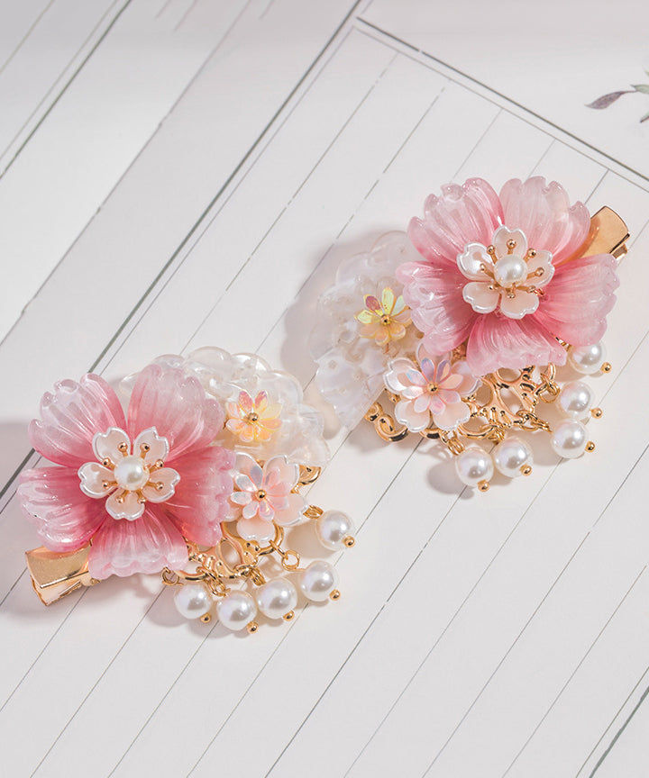 Style Pink Copper Overgild Pearl Resin Tassel a Pair Hairpin