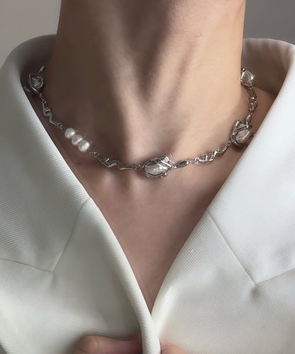 Silvery Asymmetrical Design Pearl Metal Choker