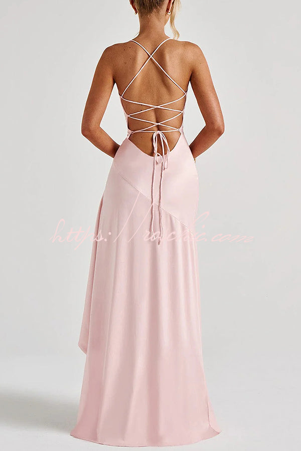 Color Backless Lace-up Irregular Ruffled Maxi Dress