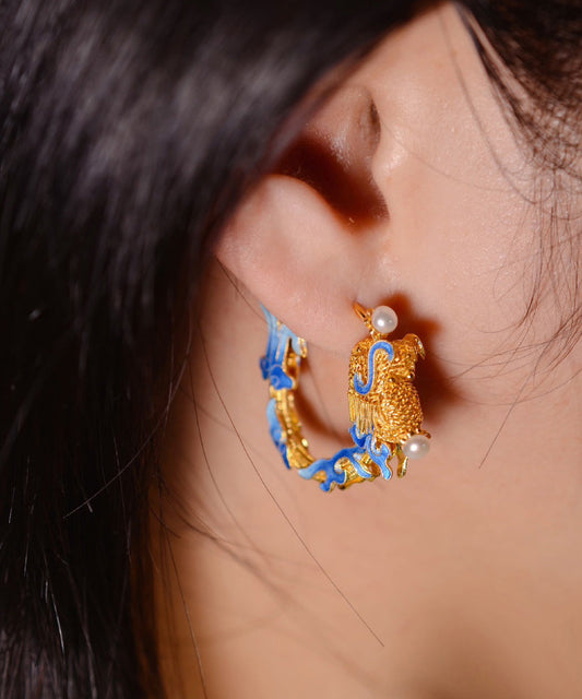 Gold Copper Overgild Pearl Enamel Drago Hoop Earrings