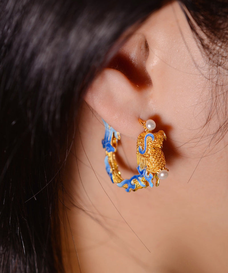 Gold Copper Overgild Pearl Enamel Drago Hoop Earrings