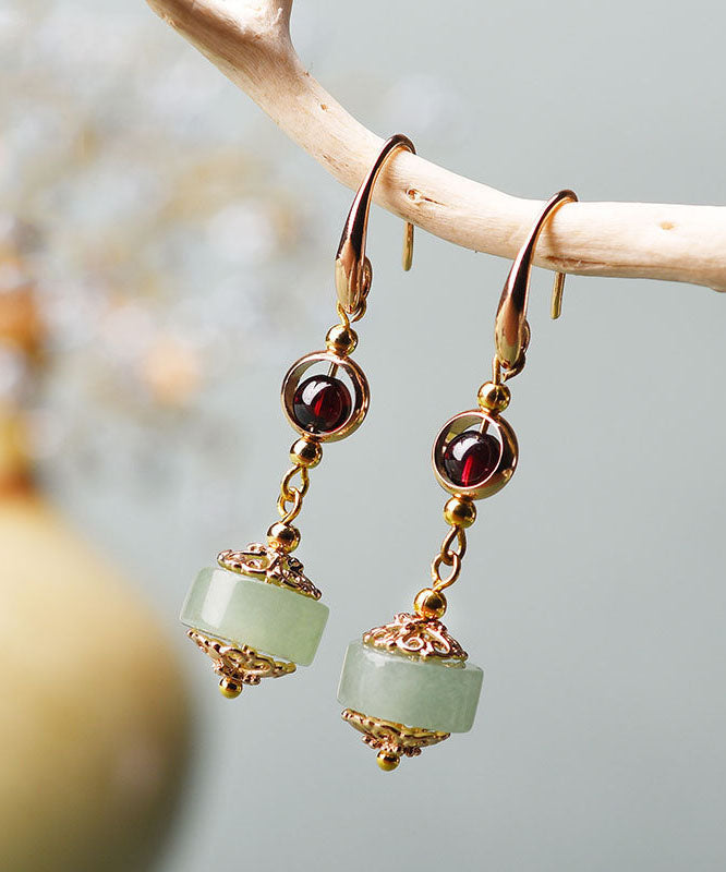 Red Gem Stone and Jade 14k Gold Drop Earrings