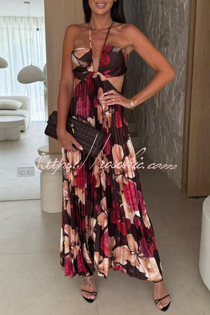 Casey Satin Print Cutout Halter Back Tie-up Pleated Maxi Dress
