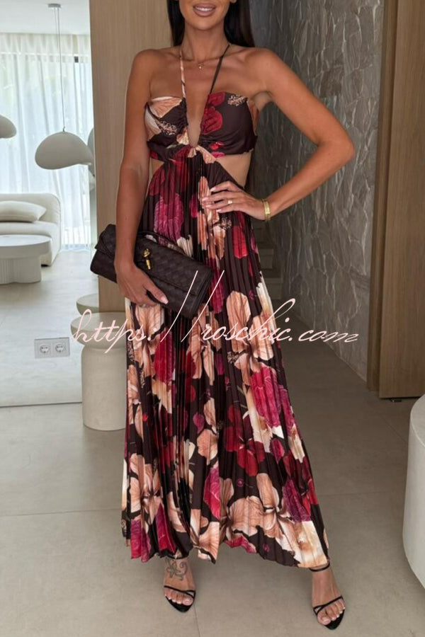 Casey Satin Print Cutout Halter Back Tie-up Pleated Maxi Dress
