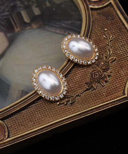 White Sterling Silver Overgild Zircon Pearl Stud Earrings
