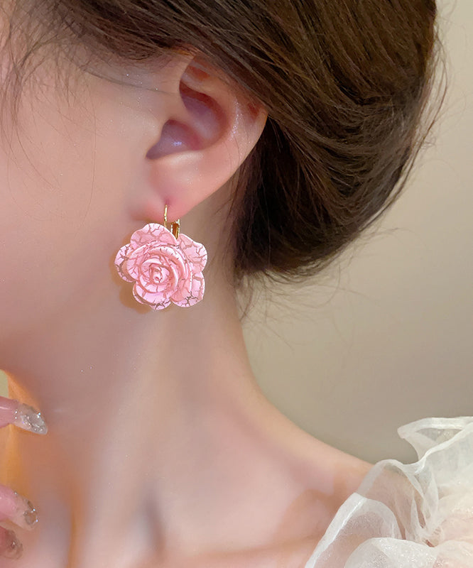 Pink Sterling Silver Alloy Rose Resin Hoop Earrings