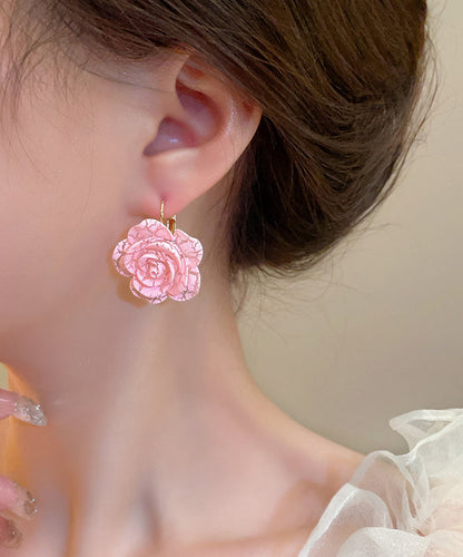 Pink Sterling Silver Alloy Rose Resin Hoop Earrings