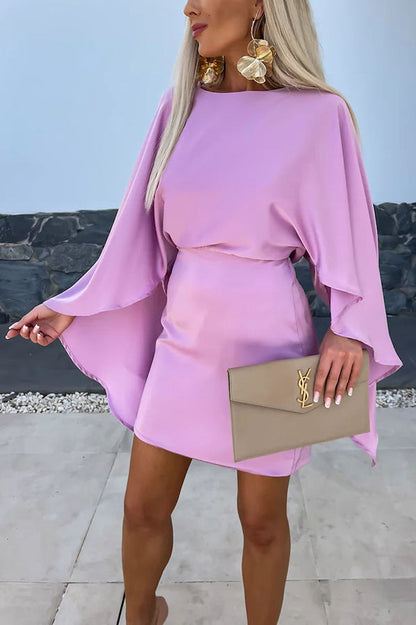 Wings Satin Butterfly Sleeves Elastic Waist Formal Mini Dress