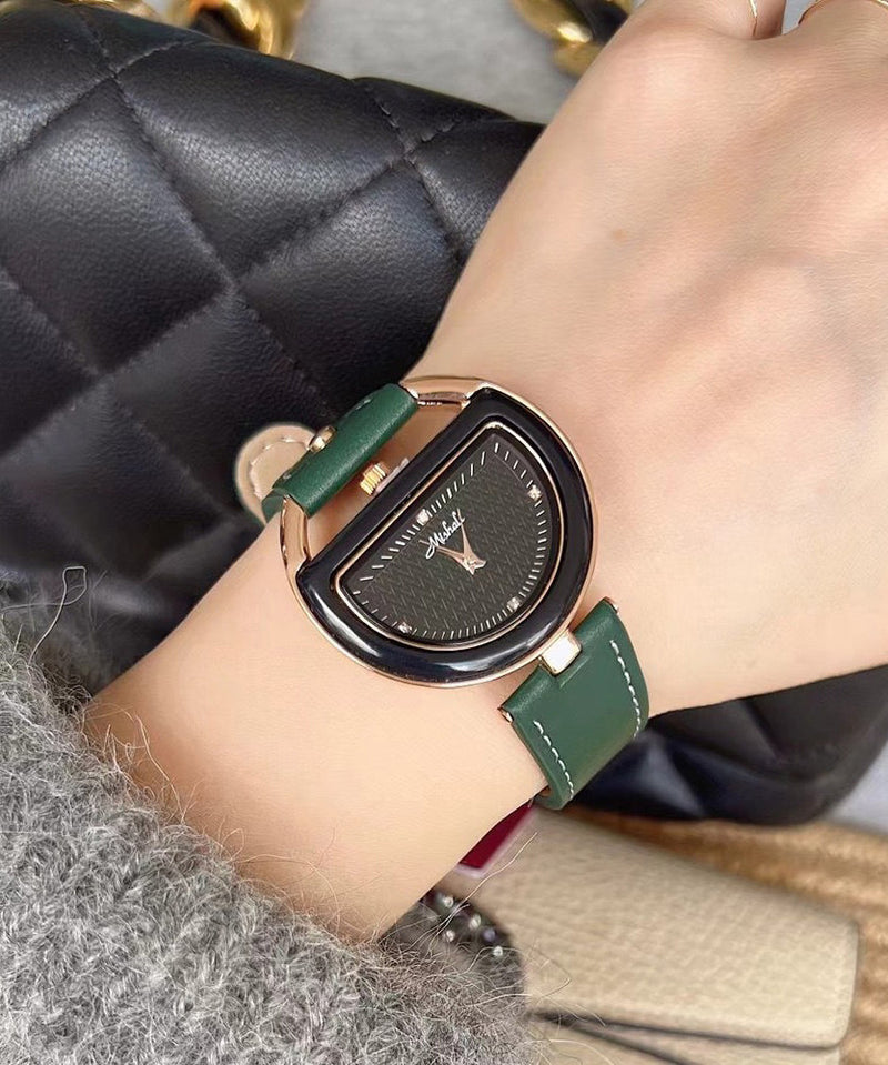 Brown Leather Alloy Hardlex Crystal Semicircle Watches
