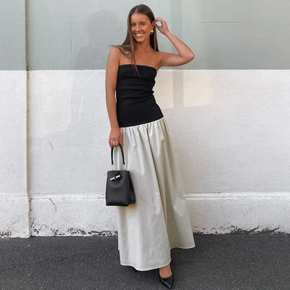 Clash Color Strapless Maxi Dress for Summer Off Shoulder Patchwork Backless Sleeveless Beach Dress Female