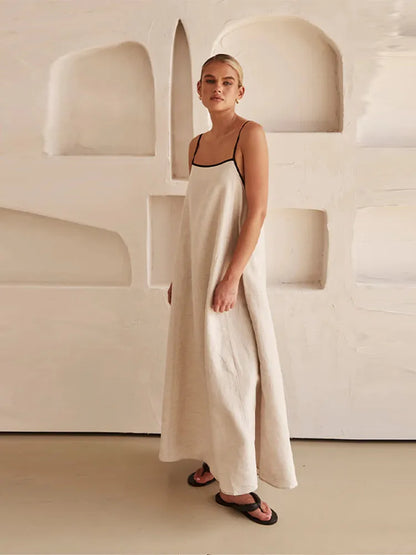 Cotton Linen Sling Dress Summer Backless Sleeveless Slip Long Dresses Lady Loose Maxi Dress