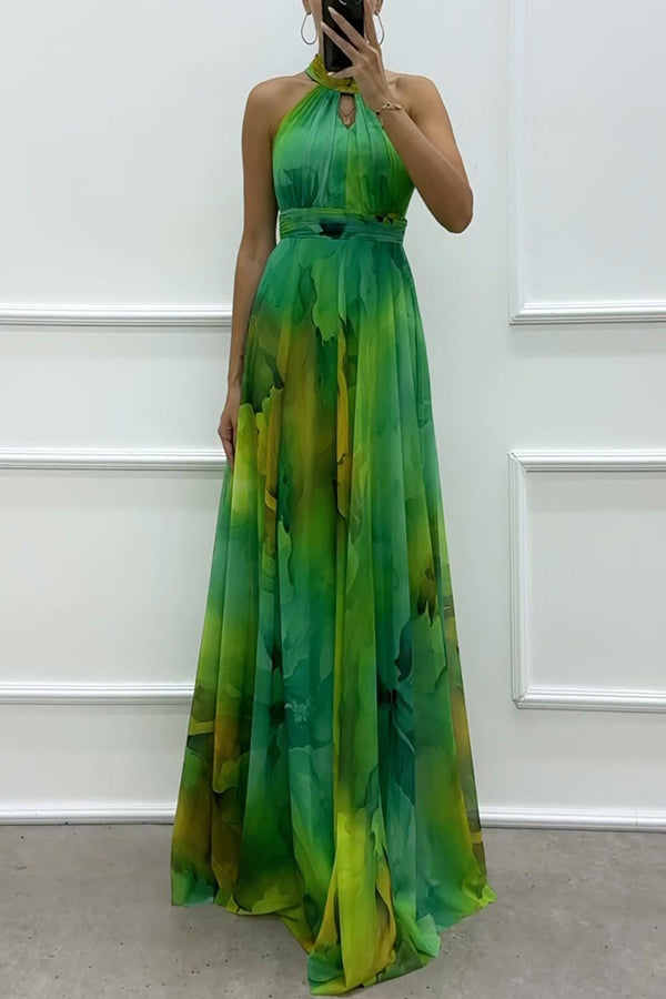 Elaine Tulle Splash Print Cutout Halter Tie-up Neck Gown Maxi Dress
